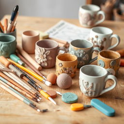 A beautifully arranged set of handmade pottery tools for clay design, specifically suitable for mug decoration