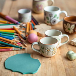 A beautifully arranged set of handmade pottery tools for clay design, specifically suitable for mug decoration