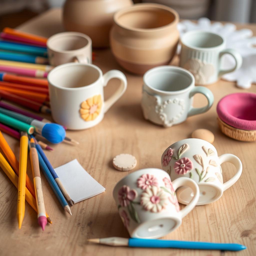 A beautifully arranged set of handmade pottery tools for clay design, specifically suitable for mug decoration