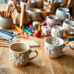 A beautifully arranged set of handmade pottery tools for clay design, specifically suitable for mug decoration