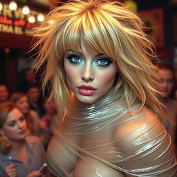On stage in a bustling gentleman's club, a gorgeous young woman with thick, long, messy dirty blond hair captivates the audience