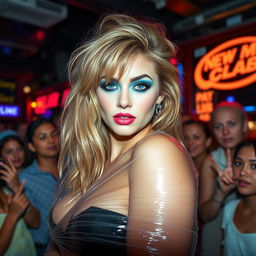 On stage in a bustling gentleman's club, a gorgeous young woman with thick, long, messy dirty blond hair captivates the audience