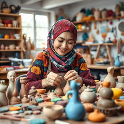 A creative workspace filled with handmade clay crafts, showcasing vibrant clay creations and tools scattered around