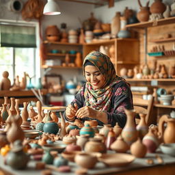 A creative workspace filled with handmade clay crafts, showcasing vibrant clay creations and tools scattered around