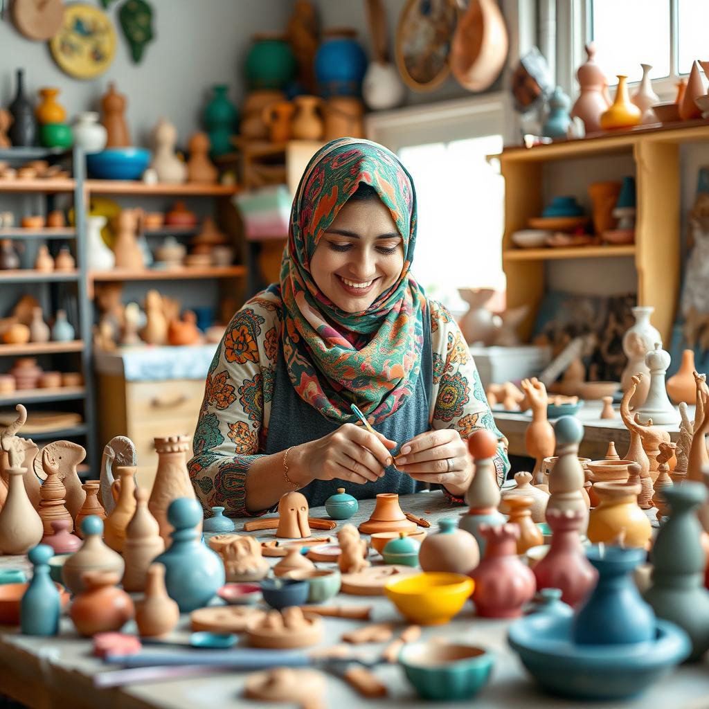 A creative workspace filled with handmade clay crafts, showcasing vibrant clay creations and tools scattered around