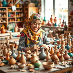 A creative workspace filled with handmade clay crafts, showcasing vibrant clay creations and tools scattered around