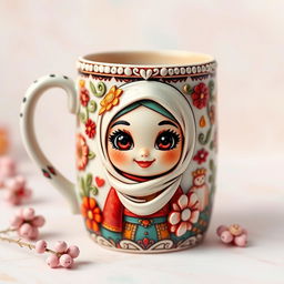 A beautifully designed ceramic mug with intricate patterns and textures, featuring a hijab-wearing doll character