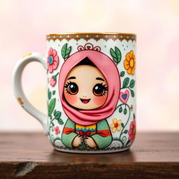 A beautifully designed ceramic mug with intricate patterns and textures, featuring a hijab-wearing doll character