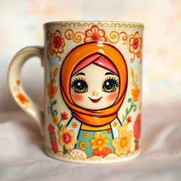 A beautifully designed ceramic mug with intricate patterns and textures, featuring a hijab-wearing doll character