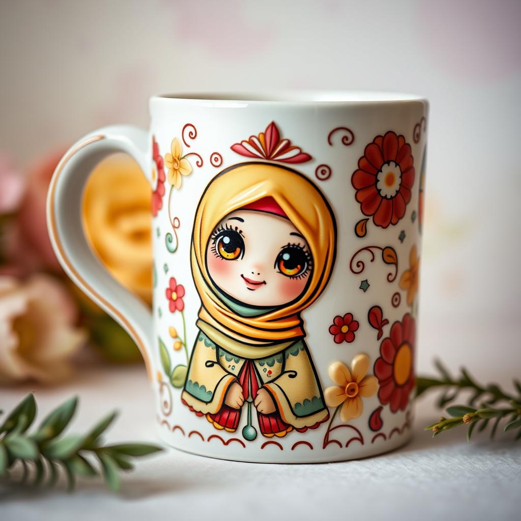 A beautifully designed ceramic mug with intricate patterns and textures, featuring a hijab-wearing doll character