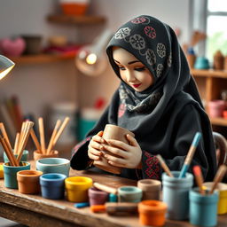 A veiled female doll meticulously crafting a clay mug, surrounded by her working desk filled with colorful clay and tools