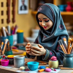 A veiled female doll meticulously crafting a clay mug, surrounded by her working desk filled with colorful clay and tools