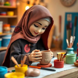 A veiled female doll meticulously crafting a clay mug, surrounded by her working desk filled with colorful clay and tools