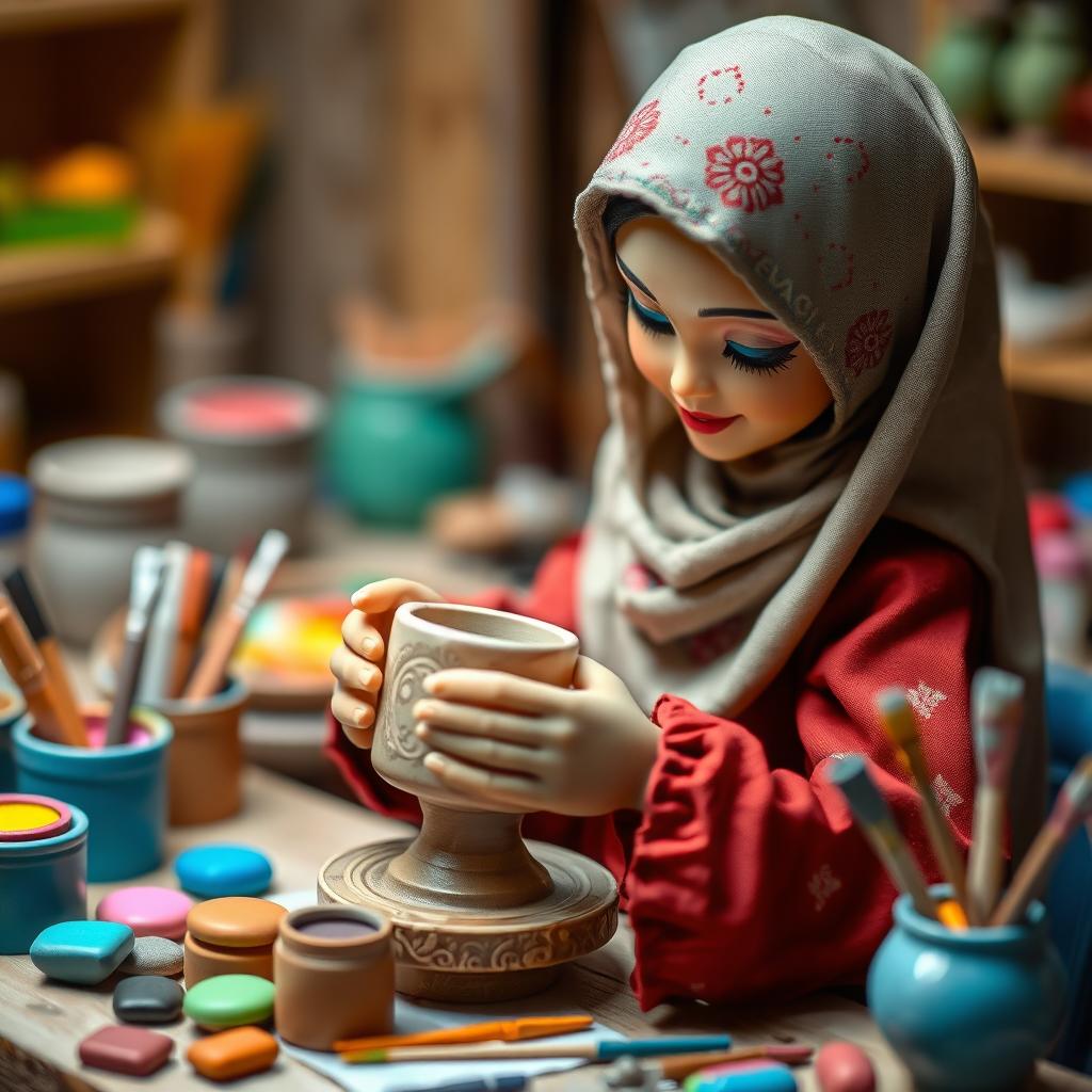 A veiled female doll meticulously crafting a clay mug, surrounded by her working desk filled with colorful clay and tools