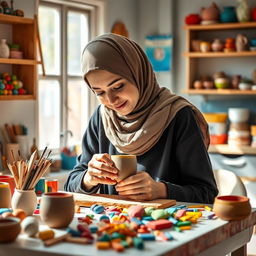 A charming scene featuring a hijab-wearing female artisan who is skillfully crafting a fimo clay mug