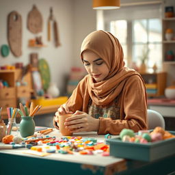 A charming scene featuring a hijab-wearing female artisan who is skillfully crafting a fimo clay mug
