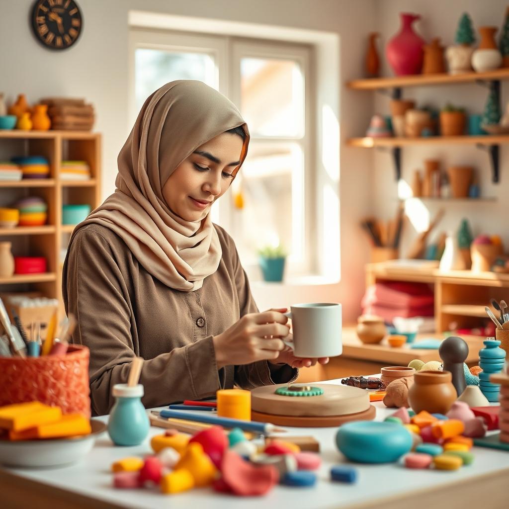 A charming scene featuring a hijab-wearing female artisan who is skillfully crafting a fimo clay mug