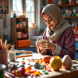 A charming scene featuring a hijab-wearing female artisan who is skillfully crafting a fimo clay mug