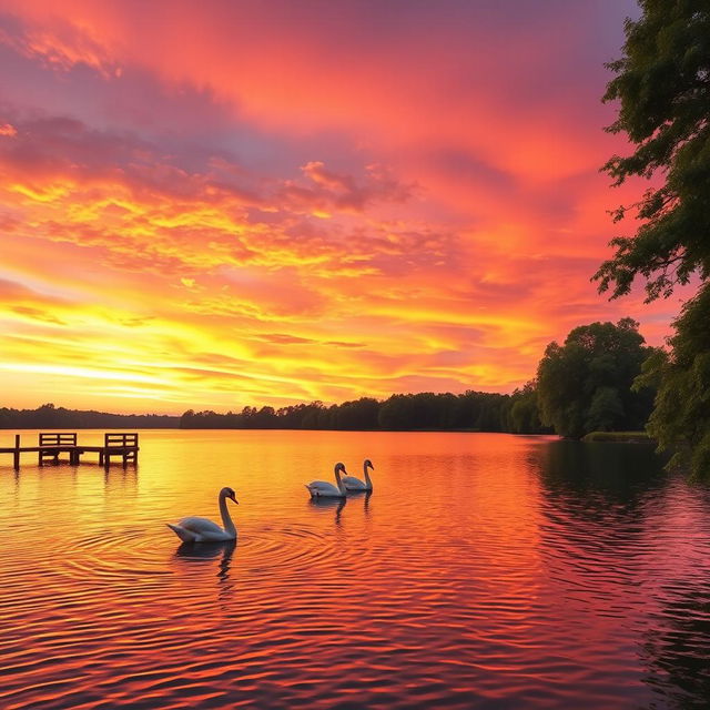 A serene and dreamy landscape at sunset, showcasing a vibrant sky filled with orange, pink, and purple hues