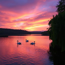A serene and dreamy landscape at sunset, showcasing a vibrant sky filled with orange, pink, and purple hues