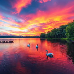 A serene and dreamy landscape at sunset, showcasing a vibrant sky filled with orange, pink, and purple hues