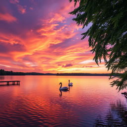 A serene and dreamy landscape at sunset, showcasing a vibrant sky filled with orange, pink, and purple hues