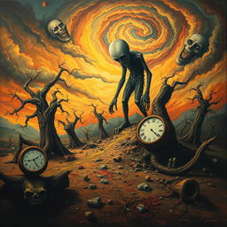 A surreal and unsettling scene depicting a distorted reality, where nightmarish elements blend into a dreamlike landscape