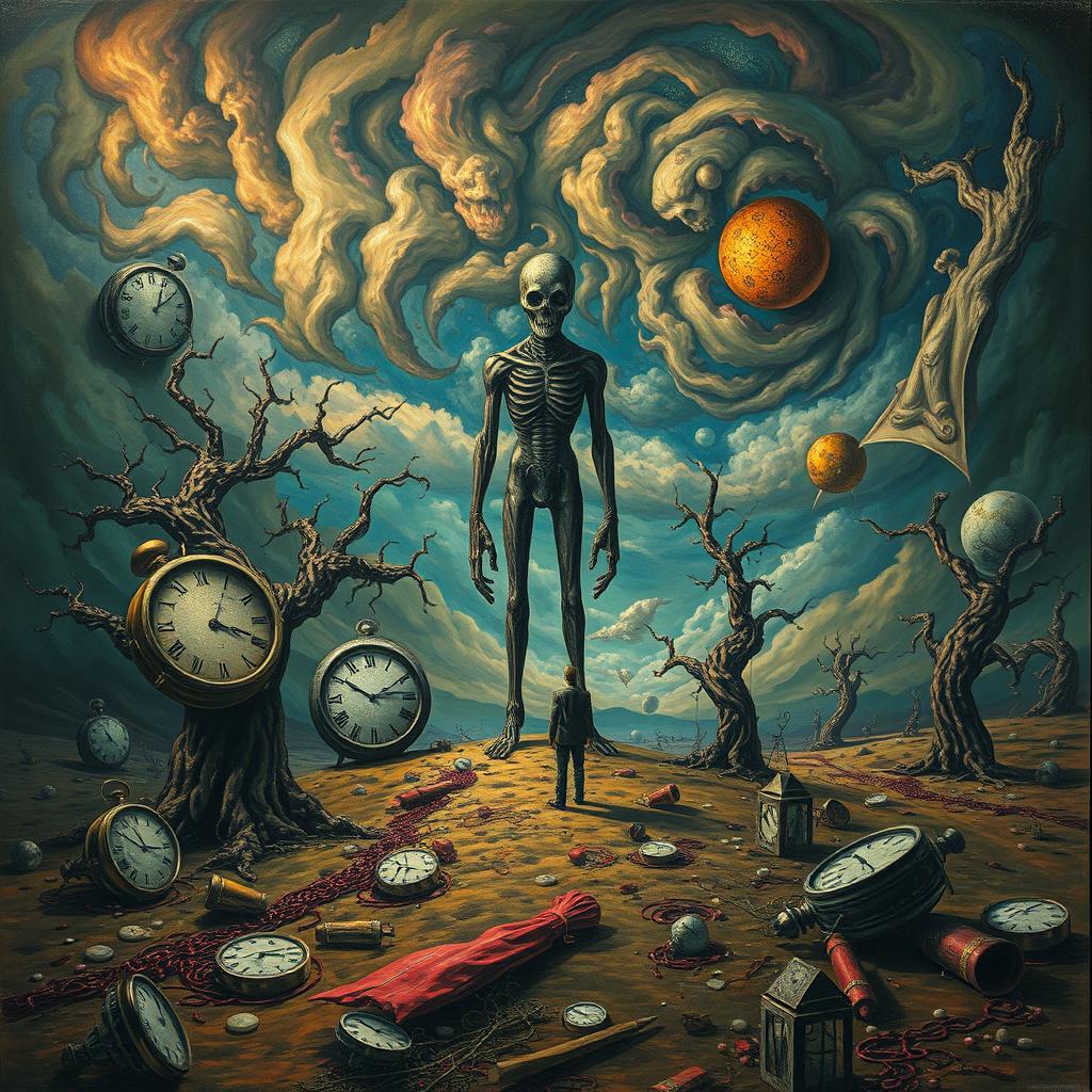 A surreal and unsettling scene depicting a distorted reality, where nightmarish elements blend into a dreamlike landscape