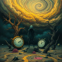A surreal and unsettling scene depicting a distorted reality, where nightmarish elements blend into a dreamlike landscape