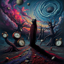 A surreal and unsettling scene depicting a distorted reality, where nightmarish elements blend into a dreamlike landscape