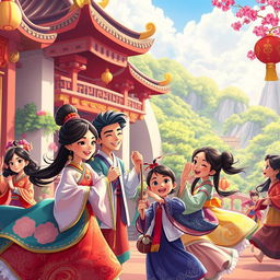 An animated scene depicting vibrant and dynamic characters in a traditional setting, showcasing rich cultural elements and intricate details of costumes