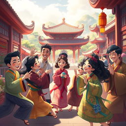 An animated scene depicting vibrant and dynamic characters in a traditional setting, showcasing rich cultural elements and intricate details of costumes