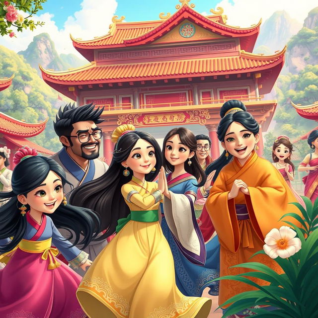 An animated scene depicting vibrant and dynamic characters in a traditional setting, showcasing rich cultural elements and intricate details of costumes
