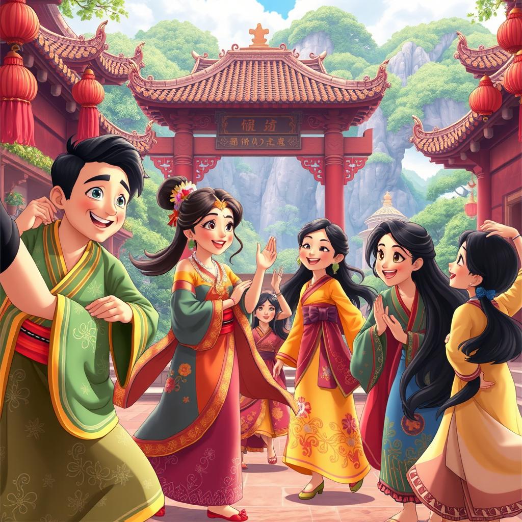 An animated scene depicting vibrant and dynamic characters in a traditional setting, showcasing rich cultural elements and intricate details of costumes
