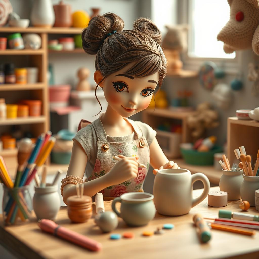 A cute doll-like woman skillfully creating a Fimo clay mug at her charming workspace
