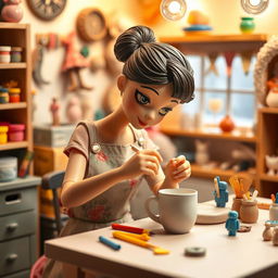 A cute doll-like woman skillfully creating a Fimo clay mug at her charming workspace