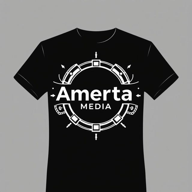 A stylish black and white t-shirt design featuring the logo of 'Amerta Media'