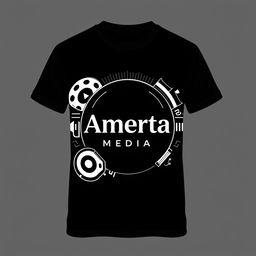 A stylish black and white t-shirt design featuring the logo of 'Amerta Media'