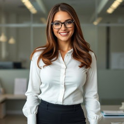 A 27-year-old Russian female secretary with long brown hair, wearing glasses