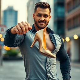 A man holding a high heel shoe in a confident pose, showcasing his muscular build and stylish attire