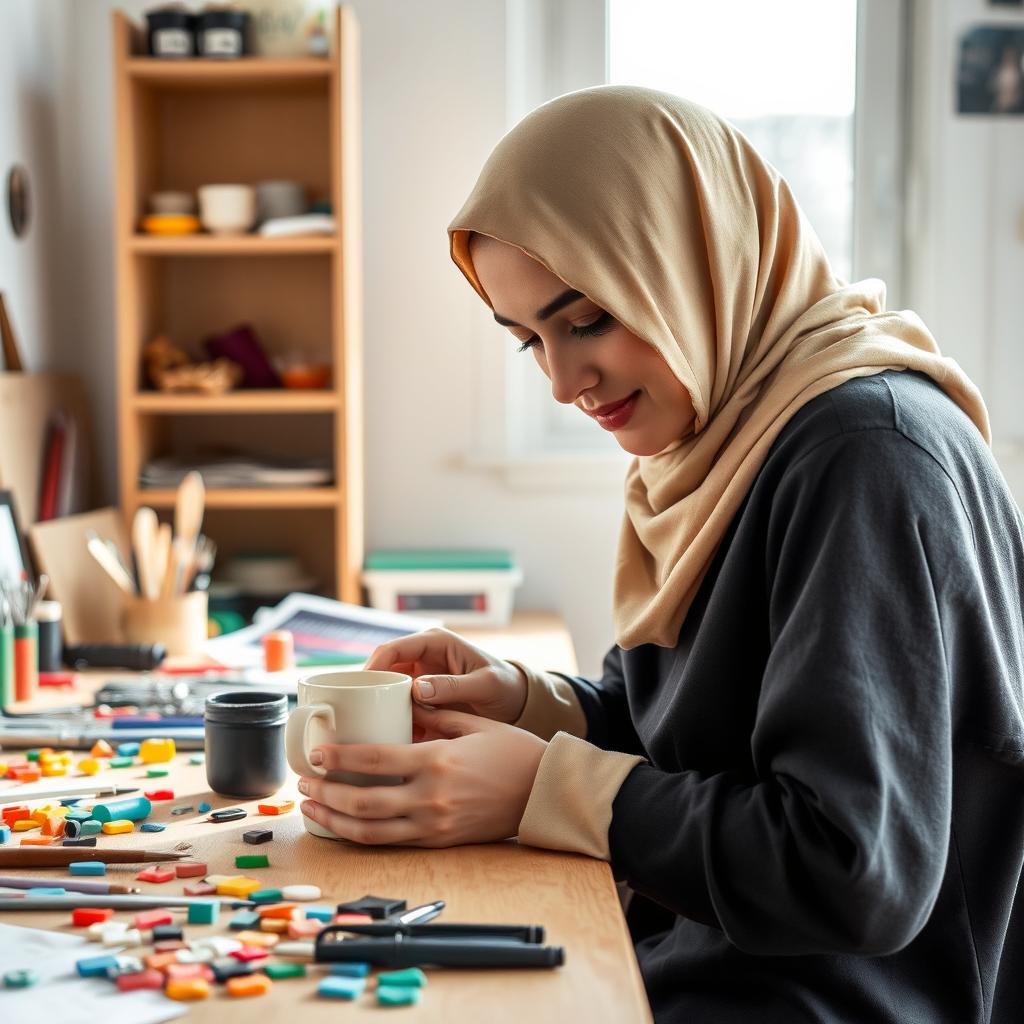A woman wearing a hijab is crafting a polymer clay mug on her workspace