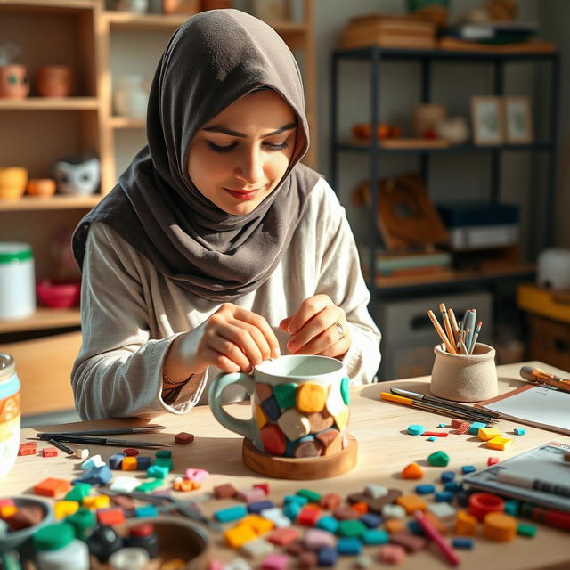 A woman wearing a hijab is crafting a polymer clay mug on her workspace