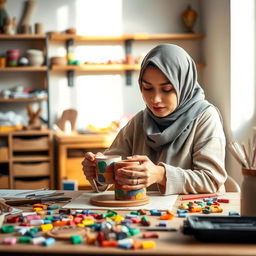 A woman wearing a hijab is crafting a polymer clay mug on her workspace