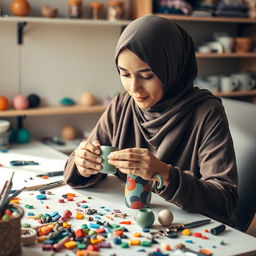 A woman wearing a hijab is crafting a polymer clay mug on her workspace