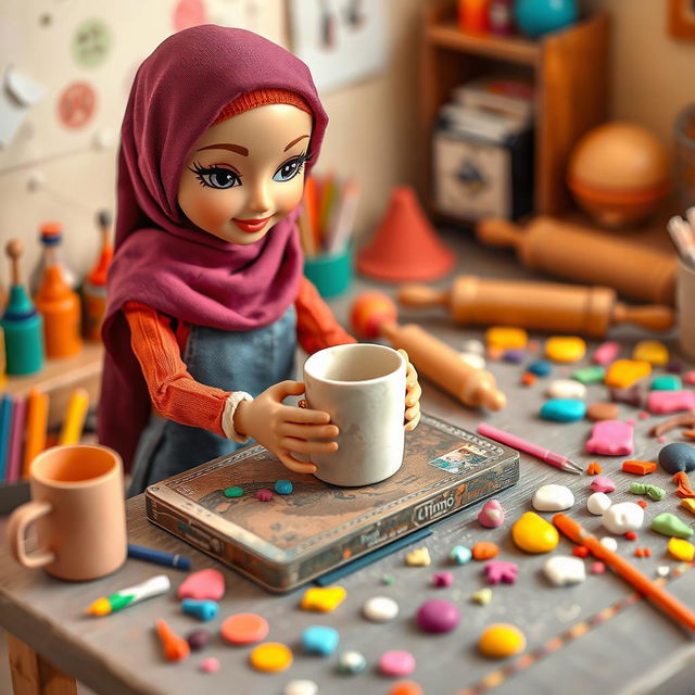 A charming scene featuring a doll wearing a hijab, skillfully shaping a Fimo clay mug on her workspace