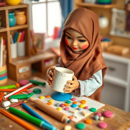 A charming scene featuring a doll wearing a hijab, skillfully shaping a Fimo clay mug on her workspace