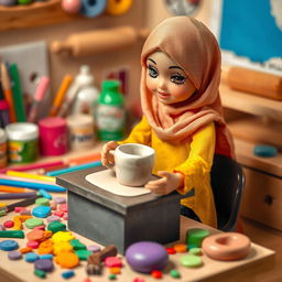 A charming scene featuring a doll wearing a hijab, skillfully shaping a Fimo clay mug on her workspace
