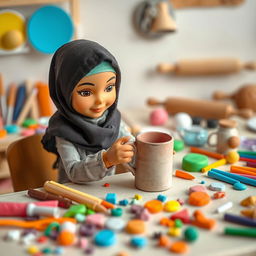 A charming scene featuring a doll wearing a hijab, skillfully shaping a Fimo clay mug on her workspace