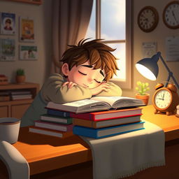 A scene depicting a young boy peacefully sleeping at his desk, with a cozy atmosphere