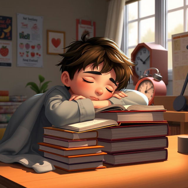 A scene depicting a young boy peacefully sleeping at his desk, with a cozy atmosphere